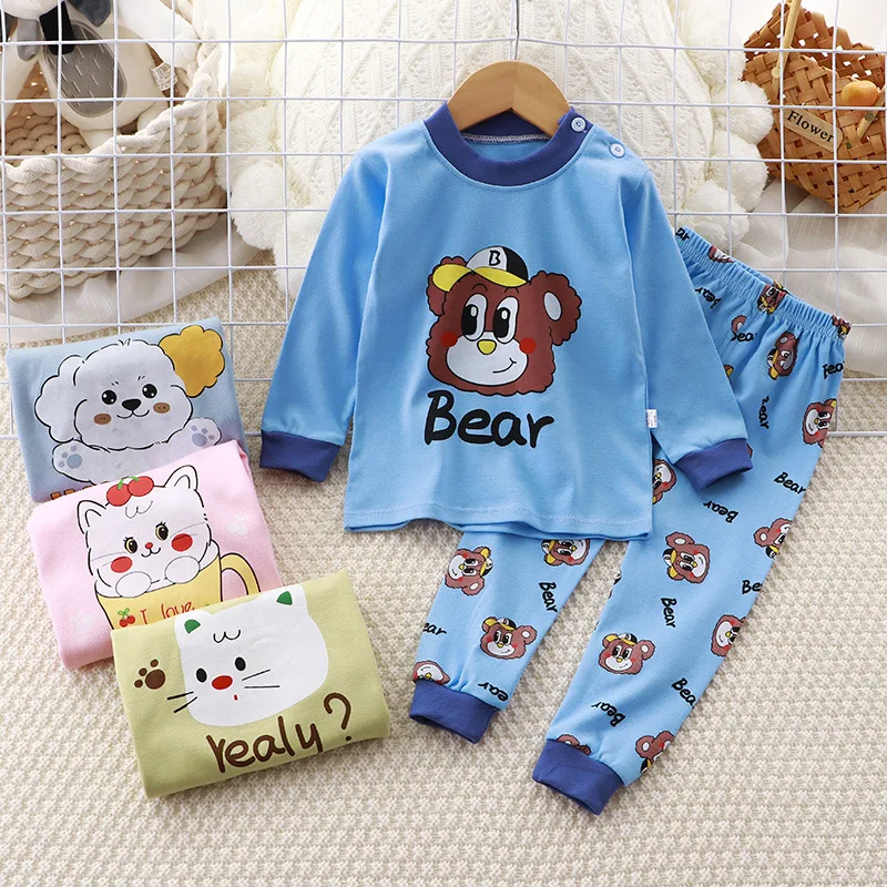 100% Cotton Cartoon Baby Underwear 2pc/set Long Sleeved Tops Trousers Toddler Costume Pajamas Set Autumn Clothing 6m-8y Children