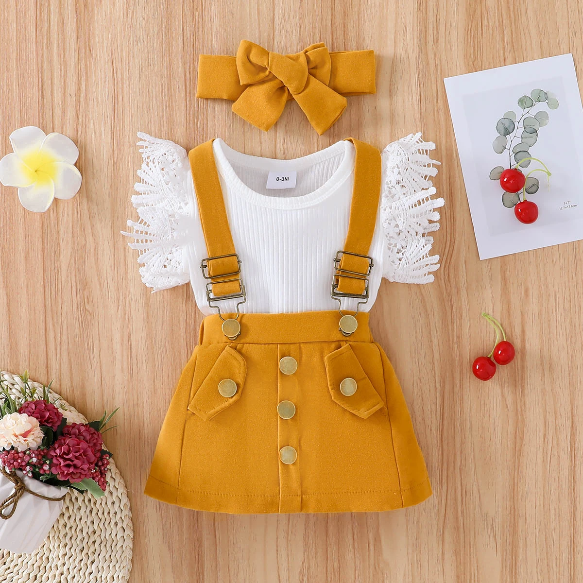 PatPat 3pcs Baby Girl Lace Flutter-sleeve Ribbed Romper and Suspender Skirt with Headband Set