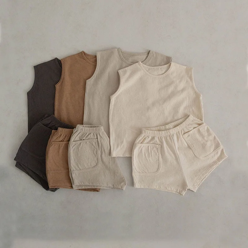 Ibbaby  מוצרים לתינוקות Summer Baby Boys Tank Top Tees Shorts Set 100% Cotton Solid Vest Shorts Toddler Two Pieces Sets
